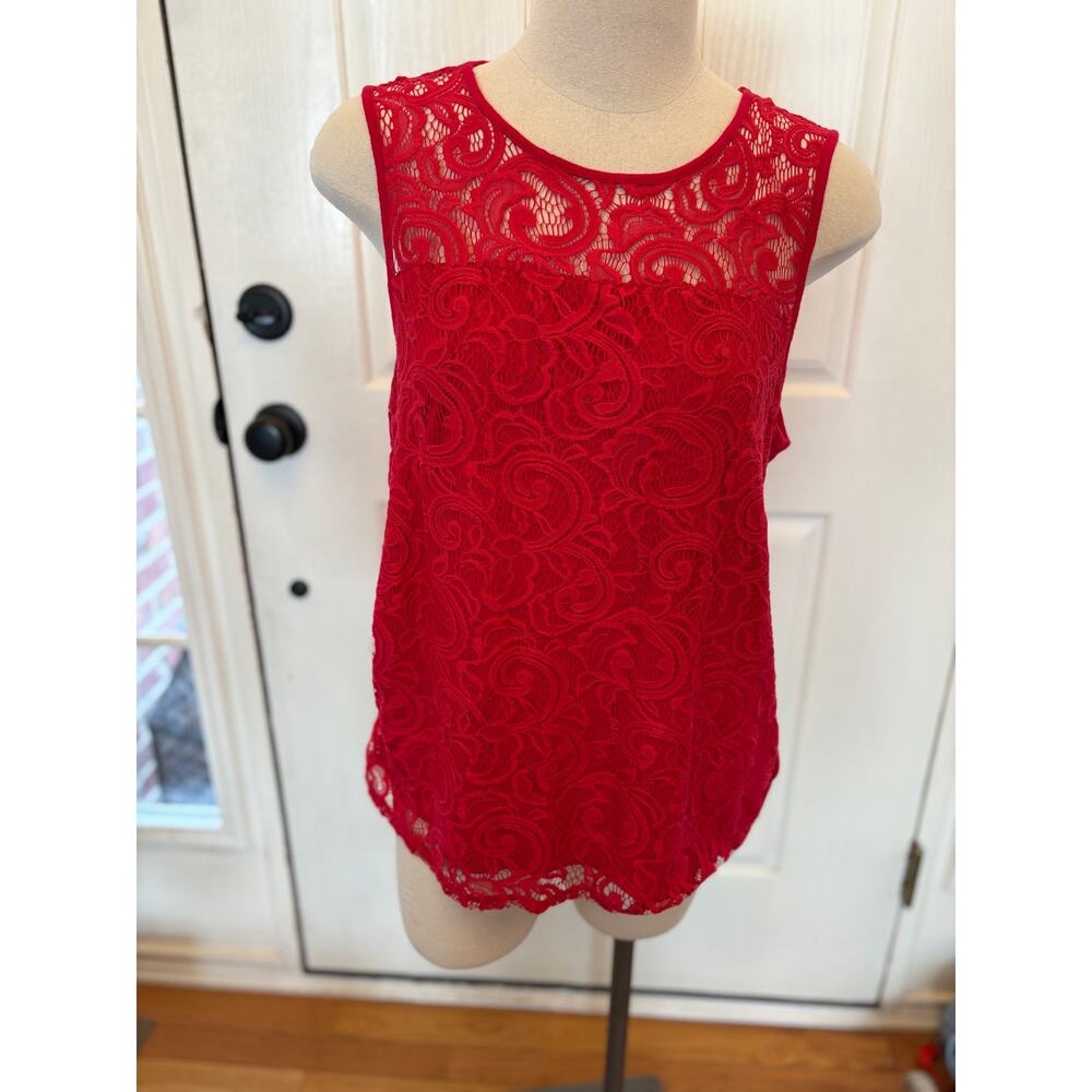 Adrianna Papell Red Lace Crochet Halter Tunic Tank Large